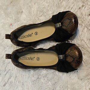 Cushion‎ Aire Ballet Flats Snakeskin Brown Black Bow Slip  On Women's Size 8M